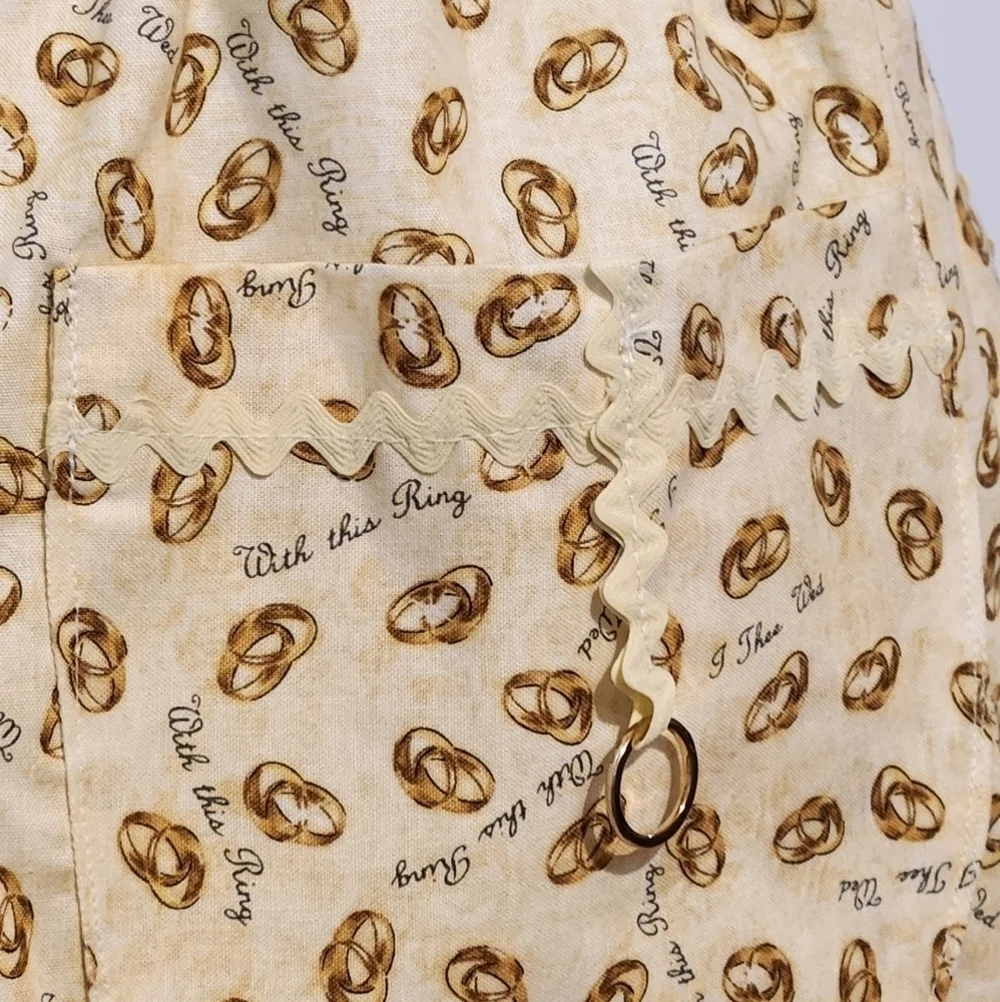 Handmade Half Apron Gold Cream Wedding Theme Print Ring Vintage Style Waist